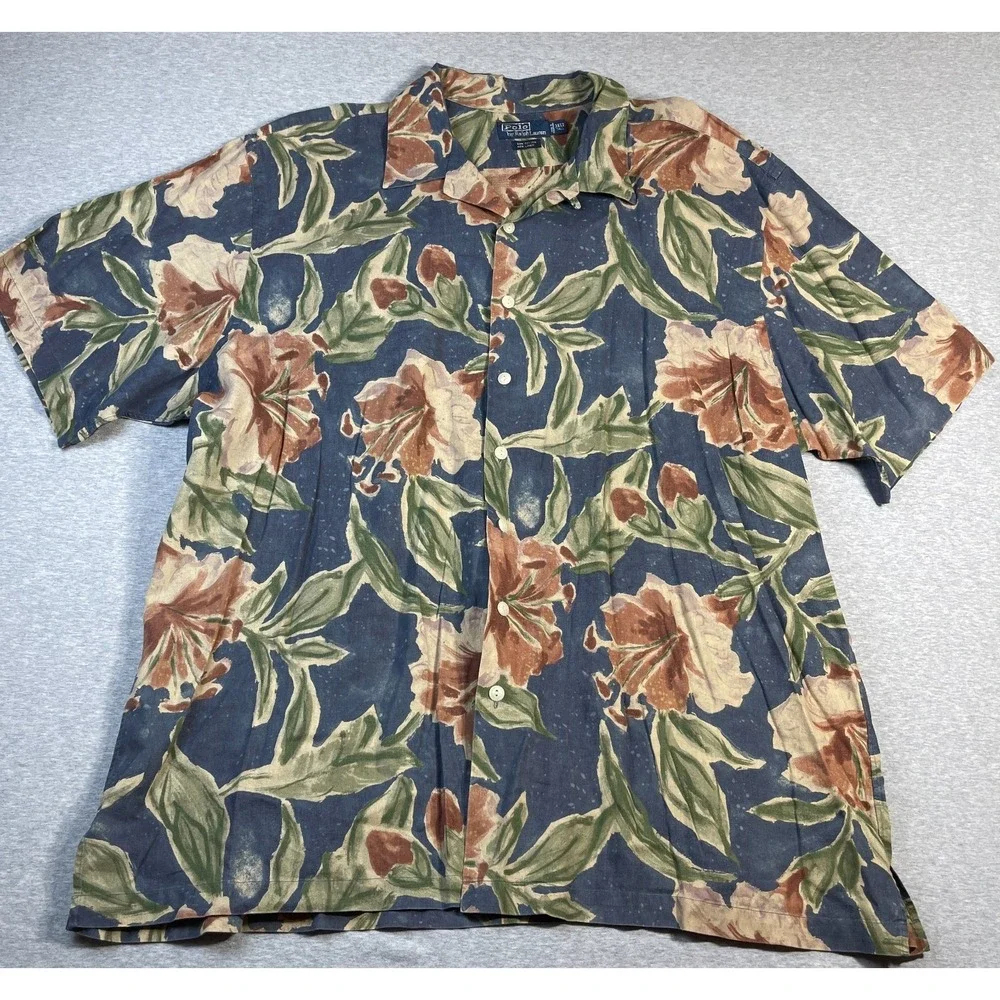 Vintage Polo Ralph Lauren Shirt 3XLT Linen Cotton Hawaiian Floral Camp Caldwell